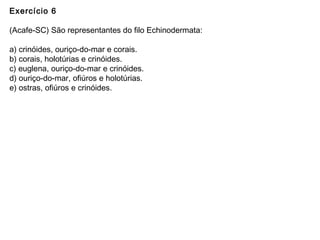 Exercício 6
(Acafe-SC) São representantes do filo Echinodermata:
a) crinóides, ouriço-do-mar e corais.
b) corais, holotúrias e crinóides.
c) euglena, ouriço-do-mar e crinóides.
d) ouriço-do-mar, ofiúros e holotúrias.
e) ostras, ofiúros e crinóides.
 