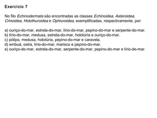 Exercício 7
No filo Echinodermata são encontradas as classes Echinoidea, Asteroidea,
Crinoidea, Holothuroidea e Ophiuroidea, exemplificadas, respectivamente, por:
a) ouriço-do-mar, estrela-do-mar, lírio-do-mar, pepino-do-mar e serpente-do-mar.
b) lírio-do-mar, medusa, estrela-do-mar, holotúria e ouriço-do-mar.
c) pólipo, medusa, holotúria, pepino-do-mar e caravela.
d) embuá, ostra, lírio-do-mar, marisco e pepino-do-mar.
e) ouriço-do-mar, estrela-do-mar, serpente-do-mar, pepino-do-mar e lírio-do-mar.
 