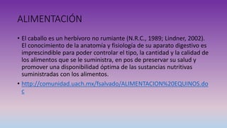 ALIMENTACIÓN
• El caballo es un herbívoro no rumiante (N.R.C., 1989; Lindner, 2002).
El conocimiento de la anatomía y fisiología de su aparato digestivo es
imprescindible para poder controlar el tipo, la cantidad y la calidad de
los alimentos que se le suministra, en pos de preservar su salud y
promover una disponibilidad óptima de las sustancias nutritivas
suministradas con los alimentos.
• http://comunidad.uach.mx/fsalvado/ALIMENTACION%20EQUINOS.do
c
 
