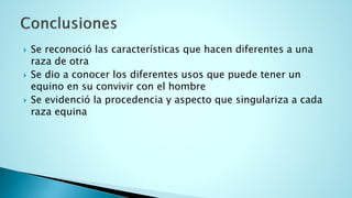  Se reconoció las características que hacen diferentes a una
raza de otra
 Se dio a conocer los diferentes usos que puede tener un
equino en su convivir con el hombre
 Se evidenció la procedencia y aspecto que singulariza a cada
raza equina
 