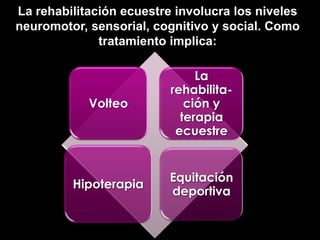 La rehabilitación ecuestre involucra los niveles
neuromotor, sensorial, cognitivo y social. Como
              tratamiento implica:

                               La
                          rehabilita-
            Volteo           ción y
                            terapia
                           ecuestre


                          Equitación
         Hipoterapia
                          deportiva
 