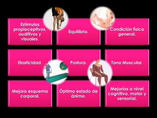 Estímulos
propioceptivos,                      Condición física
                     Equilibrio.
  auditivos y                           general.
   visuales.




  Elasticidad.        Postura.        Tono Muscular.




                                      Mejorías a nivel
Mejora esquema    Óptimo estado de
                                     cognitivo, motor y
   corporal.           ánimo.
                                        sensorial.
 
