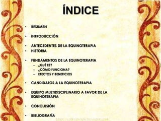 ÍNDICE
•   RESUMEN

•   INTRODUCCIÓN

•   ANTECEDENTES DE LA EQUINOTERAPIA
•   HISTORIA

•   FUNDAMENTOS DE LA EQUINOTERAPIA
     –   ¿QUÉ ES?
     –   ¿CÓMO FUNCIONA?
     –   EFECTOS Y BENEFICIOS

•   CANDIDATOS A LA EQUINOTERAPIA

•   EQUIPO MULTIDISCIPLINARIO A FAVOR DE LA
    EQUINOTERAPIA

•   CONCLUSIÓN

•   BIBLIOGRAFÍA
 