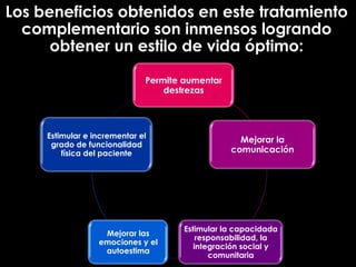 Los beneficios obtenidos en este tratamiento
  complementario son inmensos logrando
      obtener un estilo de vida óptimo:

                              Permite aumentar
                                  destrezas




     Estimular e incrementar el
                                                   Mejorar la
      grado de funcionalidad
         física del paciente                     comunicación




                                      Estimular la capacidada
                   Mejorar las
                                          responsabilidad, la
                  emociones y el
                                         integración social y
                   autoestima
                                             comunitaria
 