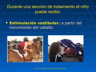 Durante una sección de tratamiento el niño
             puede recibir:

   Estimulación vestibular: a partir del
    movimiento del caballo.




                LIC.TM.TO. HAROLD CLAESEN VILCHEZ LAVADO
 