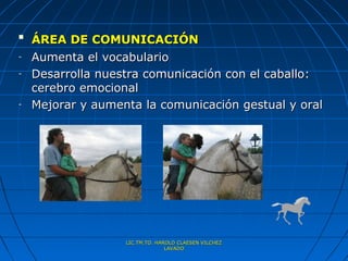 
    ÁREA DE COMUNICACIÓN
-   Aumenta el vocabulario
-   Desarrolla nuestra comunicación con el caballo:
    cerebro emocional
-   Mejorar y aumenta la comunicación gestual y oral




                   LIC.TM.TO. HAROLD CLAESEN VILCHEZ
                                 LAVADO
 