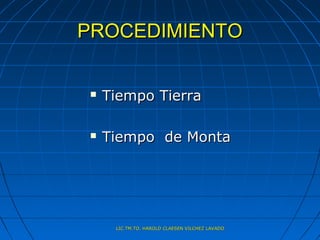 PROCEDIMIENTO


    Tiempo Tierra

    Tiempo de Monta




      LIC.TM.TO. HAROLD CLAESEN VILCHEZ LAVADO
 