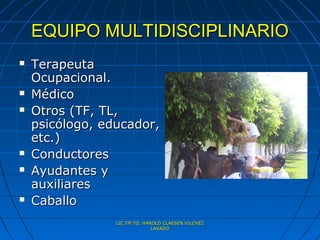 EQUIPO MULTIDISCIPLINARIO
   Terapeuta
    Ocupacional.
   Médico
   Otros (TF, TL,
    psicólogo, educador,
    etc.)
   Conductores
   Ayudantes y
    auxiliares
   Caballo
                 LIC.TM.TO. HAROLD CLAESEN VILCHEZ
                               LAVADO
 
