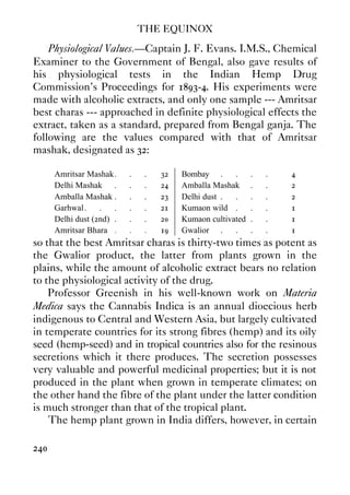 THE EQUINOX
240
Physiological Values.—Captain J. F. Evans. I.M.S., Chemical
Examiner to the Government of Bengal, also gave results of
his physiological tests in the Indian Hemp Drug
Commission's Proceedings for 1893-4. His experiments were
made with alcoholic extracts, and only one sample --- Amritsar
best charas --- approached in definite physiological effects the
extract, taken as a standard, prepared from Bengal ganja. The
following are the values compared with that of Amritsar
mashak, designated as 32:
Amritsar Mashak. . . 32 Bombay . . . . 4
Delhi Mashak . . . 24 Amballa Mashak . . 2
Amballa Mashak . . . 23 Delhi dust . . . . 2
Garhwal. . . . . 21 Kumaon wild . . . 1
Delhi dust (2nd) . . . 20 Kumaon cultivated . . 1
Amritsar Bhara . . . 19 Gwalior . . . . 1
so that the best Amritsar charas is thirty-two times as potent as
the Gwalior product, the latter from plants grown in the
plains, while the amount of alcoholic extract bears no relation
to the physiological activity of the drug.
Professor Greenish in his well-known work on Materia
Medica says the Cannabis Indica is an annual dioecious herb
indigenous to Central and Western Asia, but largely cultivated
in temperate countries for its strong fibres (hemp) and its oily
seed (hemp-seed) and in tropical countries also for the resinous
secretions which it there produces. The secretion possesses
very valuable and powerful medicinal properties; but it is not
produced in the plant when grown in temperate climates; on
the other hand the fibre of the plant under the latter condition
is much stronger than that of the tropical plant.
The hemp plant grown in India differs, however, in certain
 