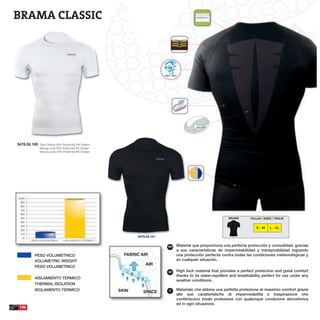 BRAMA CLASSIC




3478.55.100   Short Sleeve 92% Polyamide 8% Elastan
              Manga corta 92% Poliamida 8% Elastan
              Manica corta 92% Poliamida 8% Elastan




                                                                                                             BRAMA        TALLAS / SIZES / TAGLIE


                                                                                                                              S-M      L - XL

                                                             3478.55.101


                                                                           ESP   Material que proporciona una perfecta protección y comodidad, gracias
                                                                                 a sus características de impermeabilidad y transpirabilidad logrando
         PESO VOLUMETRICO                               FABRIC AIR               una protección perfecta contra todas las condiciones meteorológicas y
         VOLUMETRIC WEIGHT                                                       en cualquier situación.
                                                                 AIR
         PESO VOLUMETRICO
                                                                           GB    High tech material that provides a perfect protection and great comfort
                                                                                 thanks to its water-repellent and breathability perfect for use under any
         AISLAMIENTO TERMICO
                                                                                 weather conditions.
         THERMAL ISOLATION
         ISOLAMENTO TERMICO                           SKIN                 IT    Materiale che abbina una perfetta protezione al massimo comfort grazie
                                                                SPACE
                                                                                 alle sue caratteristiche di impermeabilità e traspirazione che
                                                                                 conferiscono totale protezione con qualunque condizione atmosferica
                                                                                 ed in ogni situazione.
 136
 