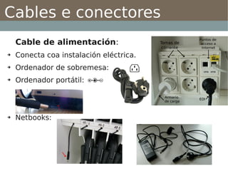 Cables e conectores
    Cable de alimentación:
➔   Conecta coa instalación eléctrica.
➔   Ordenador de sobremesa:
➔   Ordenador portátil:




➔   Netbooks:
 