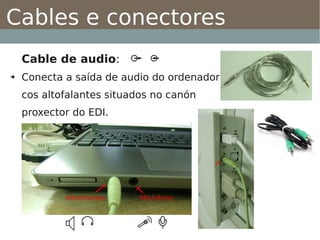 Cables e conectores
    Cable de audio:
➔   Conecta a saída de audio do ordenador
    cos altofalantes situados no canón
    proxector do EDI.
 
