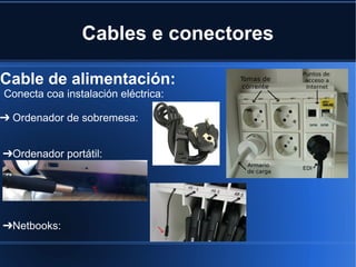 Cables e conectores

Cable de alimentación:
Conecta coa instalación eléctrica:

➔ Ordenador de sobremesa:


➔Ordenador portátil:




➔Netbooks:
 