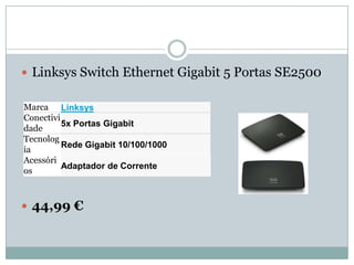  Linksys Switch Ethernet Gigabit 5 Portas SE2500

Marca Linksys
Conectivi
          5x Portas Gigabit
dade
Tecnolog
          Rede Gigabit 10/100/1000
ia
Acessóri
          Adaptador de Corrente
os



 44,99 €
 
