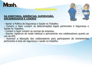 DA DIRETORIA, GERÊNCIAS, SUPERVISÃO,
ENCARREGADOS E LÍDERES
- Apoiar a Política de Segurança e Saúde no Trabalho;
- Cumprir e fazer cumprir as determinações legais pertinentes à Segurança e
Saúde no Trabalho;
- Cumprir e fazer cumprir as normas da empresa;
- Exercer vigilância de modo habitual e permanente nos colaboradores quanto ao
uso do EPI;
- Autorizar a liberação dos colaboradores para participarem de treinamentos
pertinentes à área de segurança e saúde no trabalho.
Responsabilidades
 