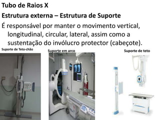 Tubo de Raios X
Estrutura externa – Estrutura de Suporte
É responsável por manter o movimento vertical,
longitudinal, circular, lateral, assim como a
sustentação do invólucro protector (cabeçote).
Suporte de Teto-chão Suporte em arco Suporte de teto
 