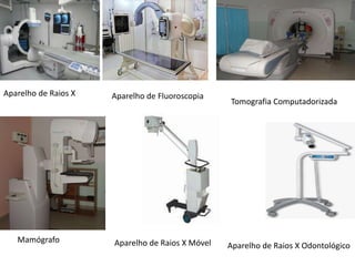 Aparelho de Raios X Aparelho de Fluoroscopia
Tomografia Computadorizada
Mamógrafo Aparelho de Raios X Móvel Aparelho de Raios X Odontológico
 