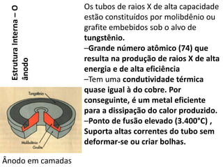 Os tubos de raios X de alta capacidade
estão constituídos por molibdênio ou
grafite embebidos sob o alvo de
tungstênio.
–Grande número atômico (74) que
resulta na produção de raios X de alta
energia e de alta eficiência
–Tem uma condutividade térmica
quase igual à do cobre. Por
conseguinte, é um metal eficiente
para a dissipação do calor produzido.
–Ponto de fusão elevado (3.400°C) ,
Suporta altas correntes do tubo sem
deformar-se ou criar bolhas.
Ânodo em camadas
Estrutura
Interna
–
O
ânodo
 
