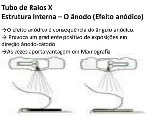 Tubo de Raios X
Estrutura Interna – O ânodo (Efeito anódico)
→O efeito anódico é consequência do ângulo anódico.
→ Provoca um gradiente positivo de exposições em
direção ânodo-cátodo
→As vezes aporta vantagem em Mamografia
 