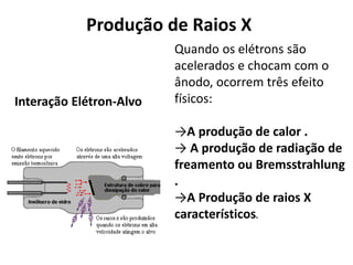 Produção de Raios X
Interação Elétron-Alvo
Quando os elétrons são
acelerados e chocam com o
ânodo, ocorrem três efeito
físicos:
→A produção de calor .
→ A produção de radiação de
freamento ou Bremsstrahlung
.
→A Produção de raios X
característicos.
 
