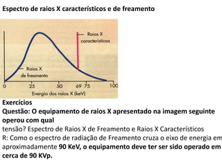 Espectro de raios X característicos e de freamento
Exercícios
Questão: O equipamento de raios X apresentado na imagem seguinte
operou com qual
tensão? Espectro de Raios X de Freamento e Raios X Característicos
R: Como o espectro de radiação de Freamento cruza o eixo de energia em
aproximadamente 90 KeV, o equipamento deve ter ser sido operado em
cerca de 90 KVp.
 