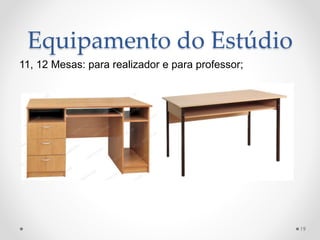 Equipamento do Estúdio
11, 12 Mesas: para realizador e para professor;
19
 