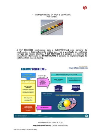 •   ARMAZENAMENTO EM RACK´S DINAMICOS.
                                        POR CORES:




    A CLT SERVICES estabeleceu com a EUROPNEUMAQ uma parceria de
    colaboração e desenvolvimento mútuo que visa a prestação de melhores
    serviços aos nossos clientes. A CLT SERVICES é o parceiro no domínio da
    consultoria e formação e a EUROPNEUMAQ é parceira na implementação de
    sistemas lean manufacturing.




                                    INFORMAÇÕES E CONTACTOS:
                           mgt@cltservices.net (+351.936000079)

PARCERIA CLT SERVICES/EUROPNEUMAQ
 