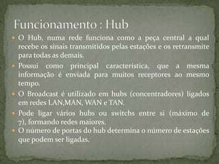  Habilidade para reforçar o sinal Desvantagens:Repetidores não  fornecem nenhum método para isolar o tráfego gerado em um segmento de cabo.Repetidor