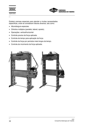 Espírito Santo
_________________________________________________________________________________________________
__
_________________________________________________________________________________________________
__
CST
32 Companhia Siderúrgica de Tubarão
Existem prensas especiais para atender a muitas necessidades
específicas, onde se consideram fatores diversos, tais como:
• Altura/largura especiais.
• Cilindros múltiplos (paralelo, lateral, oposto).
• Operações: vertical/horizontal
• Controle preciso de força aplicada.
• Controle de tempo para aplicação da força.
• Controle da força por períodos mais longos de tempo.
• Controle de movimento da força aplicada.
 
