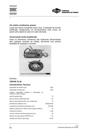 Espírito Santo
_________________________________________________________________________________________________
__
_________________________________________________________________________________________________
__
CST
50 Companhia Siderúrgica de Tubarão
Um melhor rendimento, graças:
à guia dos blocos mordentes sobre rolos, à utilização de buchas
antifricção, assegurando um funcionamento mais suave, ao
aperto ultra-rápido do cabo em cada retomada.
Conservação ainda simplificada:
todos os elementos mecânicos são facilmente desmontáveis
sem qualquer remoção de rebites, permitindo uma grande
facilidade de inspeção e conserto.
Exemplo:
TIRFOR TU 20
Características Técnicas
Capacidade de içamento (kg) 2.000
Capacidade de tração (kg) 3.000
(maiores capacidades mediante a interposição de
moitões no cabo de tração)
peso do aparelho (kg) 19
peso da alavanca telescópica (kg) 2,5
peso do cabo padrão de 20m, com carretel (kg) 12
dimensões do aparelho (mm) 660x330x160
comprimento da alavanca telescópica (mm) 770/1200
esforço na alavanca de 1200 mm para carga de 1600 kg 40
rendimento mecânico ~ 0,94
curso do cabo por ida/volta da alavanca (mm) 68
diâmetro do cabo especial TIRFOR (mm) 11,8
resistência do cabo à ruptura (kg) ~ 8.100
 