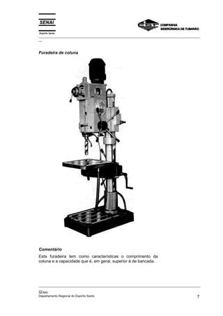 Espírito Santo
_________________________________________________________________________________________________
__
_________________________________________________________________________________________________
__
SENAI
Departamento Regional do Espírito Santo 7
Furadeira de coluna
Comentário
Esta furadeira tem como características o comprimento da
coluna e a capacidade que é, em geral, superior à de bancada.
 