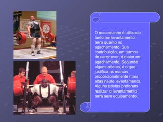 O macaquinho é utilizado tanto no levantamento terra quanto no agachamento. Sua contribuição, em termos de carry-over, é maior no agachamento. Segundo alguns atletas, é o que justifica as marcas proporcionalmente mais altas neste levantamento. Alguns atletas preferem realizar o levantamento terra sem equipamento. 