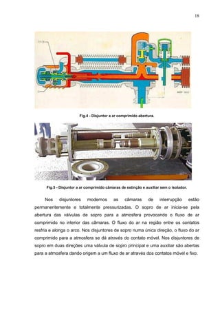 18




                        Fig.4 - Disjuntor a ar comprimido abertura.




      Fig.5 - Disjuntor a ar comprimido câmaras de extinção e auxiliar sem o isolador.


     Nos     disjuntores     modernos       as    câmaras      de     interrupção        estão
permanentemente e totalmente pressurizadas. O sopro de ar inicia-se pela
abertura das válvulas de sopro para a atmosfera provocando o fluxo de ar
comprimido no interior das câmaras. O fluxo do ar na região entre os contatos
resfria e alonga o arco. Nos disjuntores de sopro numa única direção, o fluxo do ar
comprimido para a atmosfera se dá através do contato móvel. Nos disjuntores de
sopro em duas direções uma válvula de sopro principal e uma auxiliar são abertas
para a atmosfera dando origem a um fluxo de ar através dos contatos móvel e fixo.
 