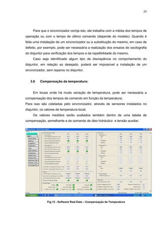 29




     Para que o sincronizador corrija isto, ele trabalha com a média dos tempos de
operação ou com o tempo de último comando (depende do modelo). Quando é
feita uma instalação de um sincronizador ou a substituição do mesmo, em caso de
defeito, por exemplo, pode ser necessária a realização dos ensaios de oscilografia
do disjuntor para verificação dos tempos e da repetibilidade do mesmo.
     Caso seja identificado algum tipo de discrepância no comportamento do
disjuntor, em relação ao desejado, poderá ser impossível a instalação de um
sincronizador, sem reparos no disjuntor.


   3.6    Compensação da temperatura:


     Em locais onde há muita variação de temperatura, pode ser necessária a
compensação dos tempos de comando em função da temperatura;
Para isso são coletadas pelo sincronizador, através de sensores instalados no
disjuntor, os valores de temperatura local;
     Os valores medidos serão avaliados também dentro de uma tabela de
compensação, semelhante a de comando de óleo hidráulico e tensão auxiliar.




               Fig.12 - Software Real Data – Compensação de Temperatura
 