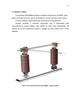 33



4.1 Abertura Lateral

     O secionador SAL/PMB40 obedece o padrão construtivo AL da ABNT. Cada
pólo é composto por duas colunas de isoladores, sendo uma fixa e outra rotativa.
     A coluna rotativa é responsável pelo acionamento do equipamento.
     Quando acionado o comando motorizado, que é responsável pelo
acionamento da coluna rotativa, este modelo de chave abre lateralmente. No
sistema de Furnas verificamos durante o estágio que este modelo não é muito
utilizado.




              Fig.16 - Polo seccionador tipo SAL/ PMB40 – abertura lateral
 