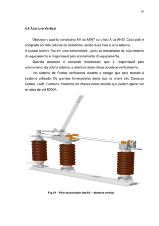 36




4.4 Abertura Vertical


     Obedece o padrão construtivo AV da ABNT ou o tipo A da ANSI. Cada pólo é
composto por três colunas de isoladores, sendo duas fixas e uma rotativa.
A coluna rotativa fica em uma extremidade , junto ao mecanismo de acionamento
do equipamento é responsável pelo acionamento do equipamento.
     Quando acionado o comando motorizado, que é responsável pelo
acionamento da coluna rotativa, a abertura desta chave acontece verticalmente.
     No sistema de Furnas verificamos durante o estágio que este modelo é
bastante utilizado. Os grandes fornecedores deste tipo de chave são Camargo
Corrêa, Laelc, Siemens. Podemos ter chaves neste modelo que podem operar em
tensões de até 800kV.




               Fig.19 - Polo seccionador tipoAV – abertura vertical
 