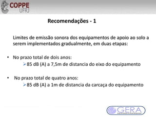 Recomendações - 1
Limites de emissão sonora dos equipamentos de apoio ao solo a
serem implementados gradualmente, em duas etapas:
• No prazo total de dois anos:
85 dB (A) a 7,5m de distancia do eixo do equipamento
• No prazo total de quatro anos:
85 dB (A) a 1m de distancia da carcaça do equipamento
 