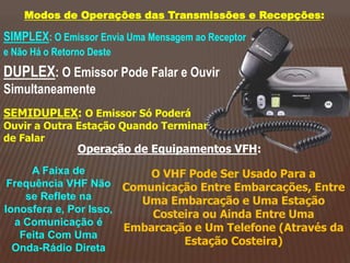 Modos de Operações das Transmissões e Recepções:
SIMPLEX: O Emissor Envia Uma Mensagem ao Receptor
e Não Há o Retorno Deste
DUPLEX: O Emissor Pode Falar e Ouvir
Simultaneamente
SEMIDUPLEX: O Emissor Só Poderá
Ouvir a Outra Estação Quando Terminar
de Falar
Operação de Equipamentos VFH:
A Faixa de
Frequência VHF Não
se Reflete na
Ionosfera e, Por Isso,
a Comunicação é
Feita Com Uma
Onda-Rádio Direta
O VHF Pode Ser Usado Para a
Comunicação Entre Embarcações, Entre
Uma Embarcação e Uma Estação
Costeira ou Ainda Entre Uma
Embarcação e Um Telefone (Através da
Estação Costeira)
 