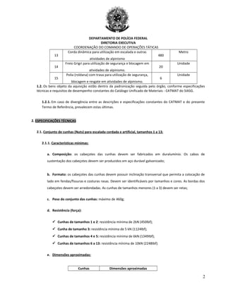 DEPARTAMENTO DE POLÍCIA FEDERAL
DIRETORIA EXECUTIVA
COORDENAÇÃO DO COMANDO DE OPERAÇÕES TÁTICAS
13
Corda dinâmica para utilização em escalada e outras
atividades de alpinismo
480
Metro
14
Freio Grigri para utilização de segurança e blocagem em
atividades de alpinismo.
20
Unidade
15
Polia (roldana) com trava para utilização de segurança,
blocagem e resgate em atividades de alpinismo.
6
Unidade
1.2. Os bens objeto da aquisição estão dentro da padronização seguida pelo órgão, conforme especificações
técnicas e requisitos de desempenho constantes do Catálogo Unificado de Materiais - CATMAT do SIASG.
1.2.1. Em caso de divergência entre as descrições e especificações constantes do CATMAT e do presente
Termo de Referência, prevalecem estas últimas.
2. ESPECIFICAÇÕES TÉCNICAS
2.1. Conjunto de cunhas (Nuts) para escalada cordada e artificial, tamanhos 1 a 13:
2.1.1. Características mínimas:
a. Composição: os cabeçotes das cunhas devem ser fabricados em duralumínio. Os cabos de
sustentação dos cabeçotes devem ser produzidos em aço durável galvanizado;
b. Formato: os cabeçotes das cunhas devem possuir inclinação transversal que permita a colocação de
lado em fendas/fissuras e costuras rasas. Devem ser identificáveis por tamanhos e cores. As bordas dos
cabeçotes devem ser arredondadas. As cunhas de tamanhos menores (1 a 3) devem ser retas;
c. Peso do conjunto das cunhas: máximo de 460g;
d. Resistência (força):
 Cunhas de tamanhos 1 e 2: resistência mínima de 2kN (450lbf);
 Cunha de tamanho 3: resistência mínima de 5 kN (1124lbf);
 Cunhas de tamanhos 4 e 5: resistência mínima de 6kN (1349Ibf);
 Cunhas de tamanhos 6 a 13: resistência mínima de 10kN (2248Ibf).
e. Dimensões aproximadas:
Cunhas Dimensões aproximadas
2
 