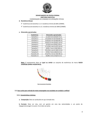 DEPARTAMENTO DE POLÍCIA FEDERAL
DIRETORIA EXECUTIVA
COORDENAÇÃO DO COMANDO DE OPERAÇÕES TÁTICAS
d. Resistência (força):
 Excêntricos de tamanhos 1 a 3: resistência mínima de 6kN (1349lbf);
 Excêntricos de tamanhos 4 a 11: resistência mínima de 10kN (2248Ibf).
e. Dimensões aproximadas:
Excêntricos Dimensões aproximadas
Tamanho 1 11.4/19 mm (0.45/0.75 in)
Tamanho 2 14.2/20.8 mm (0.55/0.82 in)
Tamanho 3 16.8/24.4 mm (0.66/0.96 in)
Tamanho 4 20.6/27.9 mm (0.81/1.10 in)
Tamanho 5 23.9/33 mm (0.94/1.30 in)
Tamanho 6 27.2/39.1 mm (1.07/1.54 in)
Tamanho 7 33/45.7 mm (1.30/1.80 in)
Tamanho 8 39.1/54.1 mm (1.54/2.13 in)
Tamanho 9 47/63.7 mm (1.85/2.51 in)
Tamanho 10 55.6/75.2 mm (2.19/2.96 in)
Tamanho 11 65/89.2 mm (2.56/3.51 in)
Nota: O equipamento deve ser igual ou similar ao conjunto de excêntricos da marca BLACK
DIAMOND (WIRED HEXENTRICS).
Foto meramente ilustrativa
2.3. Saca cunha para retirada de meios empregados nas escaladas em cordada e artificial
2.3.1. Características mínimas:
a. Composição: Deve ser produzido em aço cromado leve.
b. Formato: Deve ser reto, com um gancho em uma das extremidades e um ponto de
clipagem/ancoragem na outra. A cor deve ser preta.
4
 