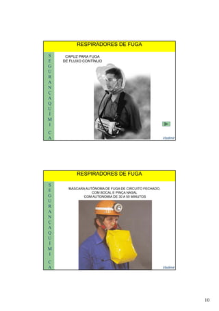 10
S
E
G
U
RESPIRADORES DE FUGARESPIRADORES DE FUGA
CAPUZ PARA FUGA
DE FLUXO CONTÍNUO
R
A
N
Ç
A
Q
U
Vladimir
U
Í
M
I
C
A
S
E
G
U
RESPIRADORES DE FUGARESPIRADORES DE FUGA
MÁSCARA AUTÔNOMA DE FUGA DE CIRCUITO FECHADO,
COM BOCAL E PINÇA NASAL
COM AUTONOMIA DE 30 A 50 MINUTOS
R
A
N
Ç
A
Q
U
Vladimir
U
Í
M
I
C
A
 