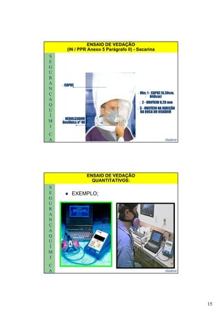 15
S
E
G
U
ENSAIO DE VEDAÇÃO
(IN / PPR Anexo 5 Parágrafo II) - Sacarina
R
A
N
Ç
A
Q
U
CAPUZCAPUZ
Obs; 1Obs; 1 -- CAPUZ (0,30cm,CAPUZ (0,30cm,
H40cm)H40cm)
22 -- ORIFÍCIO 0,20 mmORIFÍCIO 0,20 mm
33 -- ORIFÍCIO NA DIREÇÃOORIFÍCIO NA DIREÇÃO
Vladimir
U
Í
M
I
C
A
NEBULIZADORNEBULIZADOR
Devilbiss nº 40Devilbiss nº 40
33 ORIFÍCIO NA DIREÇÃOORIFÍCIO NA DIREÇÃO
DA BOCA DO USUÁRIODA BOCA DO USUÁRIO
S
E
G
U
ENSAIO DE VEDAÇÃO
QUANTITATIVOS:
EXEMPLO;
R
A
N
Ç
A
Q
U
Vladimir
U
Í
M
I
C
A
 