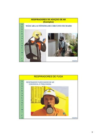 9
S
E
G
U
MÁSCARA AUTÔNOMA DE CIRCUITO FECHADOMÁSCARA AUTÔNOMA DE CIRCUITO FECHADO
RESPIRADORES DE ADUÇÃO DE AR
(Exemplos)
R
A
N
Ç
A
Q
U
Vladimir
U
Í
M
I
C
A
S
E
G
U
RESPIRADORES DE FUGARESPIRADORES DE FUGA
RESPIRADOR PURIFICADOR DE AR
COM BOCAL E PINÇA NASAL
R
A
N
Ç
A
Q
U
Vladimir
U
Í
M
I
C
A
 