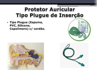 • Tipo Plugue (Espuma,
PVC, Silicone,
Copolímero) c/ cordão.
 