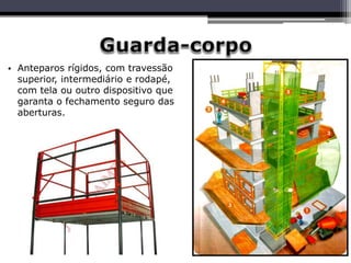 • Anteparos rígidos, com travessão
superior, intermediário e rodapé,
com tela ou outro dispositivo que
garanta o fechamento seguro das
aberturas.
 