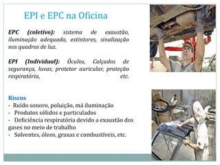 Riscos
- Ruído sonoro, poluição, má iluminação
- Produtos sólidos e particulados
- Deficiência respiratória devido a exaustão dos
gases no meio de trabalho
- Solventes, óleos, graxas e combustíveis, etc.
EPC (coletivo): sistema de exaustão,
iluminação adequada, extintores, sinalização
nos quadros de luz.
EPI (Individual): Óculos, Calçados de
segurança, luvas, protetor auricular, proteção
respiratória, etc.
EPI e EPC na Oficina
 