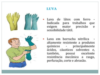 LUVA
 Luva de látex com forro -
Indicada para trabalhos que
exigem maior precisão e
sensibilidade tátil.
 Luva em borracha nitrílica -
altamente resistente a produtos
químicos - principalmente
ácidos, cáusticos solventes e,
também, possui excelente
resistência mecânica a rasgo,
perfuração, corte e abrasão.
 
