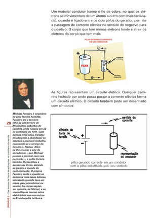 20 
UNIDADE 2 – Das teorias da física às aplicações no cotidiano da escola 
Um material condutor (como o fio de cobre, no qual os elé-trons 
se movimentam de um átomo a outro com mais facilida-de), 
quando é ligado entre os dois pólos do gerador, permite 
a passagem de corrente elétrica no sentido do negativo para 
o positivo. O corpo que tem menos elétrons tende a atrair os 
elétrons do corpo que tem mais. 
As figuras representam um circuito elétrico. Qualquer cami-nho 
fechado por onde possa passar a corrente elétrica forma 
um circuito elétrico. O circuito também pode ser desenhado 
com símbolos: 
Michael Faraday é originário 
de uma família humilde, 
Faraday era o terceiro 
filho de um ferreiro de 
Newington, subúrbio de 
Londres, onde nasceu em 22 
de setembro de 1791. Com 
apenas treze anos, Faraday 
foi obrigado a abandonar os 
estudos e procurar trabalho, 
colocando-se a serviço do 
livreiro G. Riebau. Além 
de lhe ensinar a arte de 
encadernar – que Michael 
passou a praticar com rara 
perfeição –, o velho livreiro 
também lhe facilitou o 
acesso aos livros, abrindo 
ao garoto o mundo do 
conhecimento. O próprio 
Faraday conta o quanto se 
deliciava com essas leituras, 
sobretudo quando teve em 
mãos, para encadernar ou 
vender, As conversações 
em química, de Marcet, e as 
maravilhosas teorias sobre 
eletricidade que encontrou 
na Enciclopédia britânica. 
 