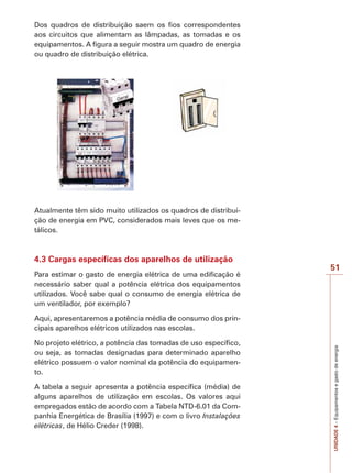 UNIDADE 4 – Equipamentos e gasto de energia I M P O R T A N T E 
51 
Dos quadros de distribuição saem os fios correspondentes 
aos circuitos que alimentam as lâmpadas, as tomadas e os 
equipamentos. A figura a seguir mostra um quadro de energia 
ou quadro de distribuição elétrica. 
Atualmente têm sido muito utilizados os quadros de distribui-ção 
de energia em PVC, considerados mais leves que os me-tálicos. 
4.3 Cargas específicas dos aparelhos de utilização 
Para estimar o gasto de energia elétrica de uma edificação é 
necessário saber qual a potência elétrica dos equipamentos 
utilizados. Você sabe qual o consumo de energia elétrica de 
um ventilador, por exemplo? 
Aqui, apresentaremos a potência média de consumo dos prin-cipais 
aparelhos elétricos utilizados nas escolas. 
No projeto elétrico, a potência das tomadas de uso específico, 
ou seja, as tomadas designadas para determinado aparelho 
elétrico possuem o valor nominal da potência do equipamen-to. 
A tabela a seguir apresenta a potência específica (média) de 
alguns aparelhos de utilização em escolas. Os valores aqui 
empregados estão de acordo com a Tabela NTD-6.01 da Com-panhia 
Energética de Brasília (1997) e com o livro Instalações 
elétricas, de Hélio Creder (1998). 
 