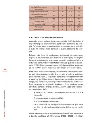 56 
UNIDADE 4 – Equipamentos e gasto de energia 
Lâmpada fluorescente 
compacta 
15 30 5 min 2,2 
Lâmpada incandescente 40 30 5 h 6,0 
Lâmpada fluorescente 
compacta 
60 30 5 h 9,0 
Lâmpada incandescente 100 30 5 h 15,0 
Liquidificador 300 15 15 min 1,1 
Tv em cores – 14” 60 30 5 h 9,0 
Ventilador 120 30 8 h 28,8 
Videocassete 10 8 2 h 0,16 
4.4.3 Como fazer a leitura do medidor 
Aprender como se faz a leitura do medidor (relógio de luz) é 
importante para acompanhar e controlar o consumo de ener-gia. 
Para isso, basta fazer duas leituras mensais, uma no início 
e outra no final do mês, para saber qual o consumo de ener-gia. 
Existem três tipos de medidores: o ciclométrico, que é ana-lógico; 
o de ponteiros, que também é analógico; e o digital. 
Caso na instalação da sua escola o medidor seja analógico, a 
leitura do consumo deve ser feita no relógio que indica a gran-deza 
“kWh”. Nele existe um outro relógio que indica a grande-za 
em “kVAr”, a qual não serve para medir o consumo ativo. 
Para obter o consumo mensal, inicialmente é necessário ano-tar 
as indicações do medidor lido no mês anterior e as indica-ções 
no mês atual. O cálculo do consumo consiste em subtrair 
o valor da penúltima leitura, da última e multiplicar esta dife-rença 
pela constante, que depende do medidor da instalação. 
Essa constante pode estar indicada no próprio medidor ou ser 
obtida na conta de energia elétrica. Assim, você terá o consu-mo 
mensal em KWh. 
A fórmula do consumo é dada pela expressão: C = V x 
cte, onde: 
C = consumo de energia em kWh; 
V = valor lido no mostrador; 
cte= constante de multiplicação do medidor que deve 
ser lido na fatura de energia (conta de luz) ou no medi-dor. 
Como exemplo, caso a leitura do mês anterior seja de 04590 e 
a do mês atual igual a 04805, temos: 04805 - 04590 = 215 kWh 
 